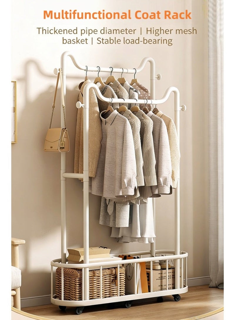 رف ملابس متين ذو عمودين مزود بعجلات قابلة للقفل، وتصميم خطاف على شكل أذن قطة، وسلة معدنية؛ مناسب لغرف النوم وغرف المعيشة والمساحات التجارية. - Image 1